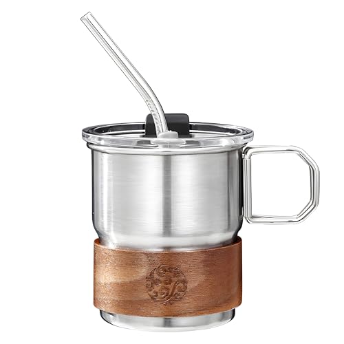 Image of Thermal Insulated Outdoor Coffee Cup Set with Handle & Straw & Lid, Stainless Steel Coffee Cups with Straws, Reusable & Stackable Stainless Steel Cup for Coffee, Tea, Milk (300ML, Pack of 1)