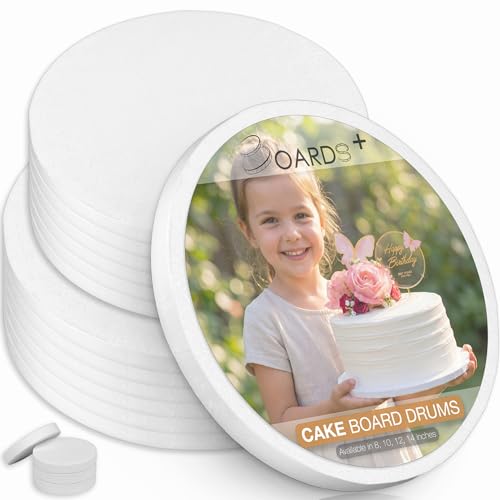 BOARDS+ Cake Drums 10 & 12 Inch (2 Sizes, 12 Pack Total) | 1/2\" Thick Cake Rounds + Prop Up Tool Included | 0.5\" Sturdy Circles, Seamless & Greaseproof For Presenting Heavy/ Tiered Cakes