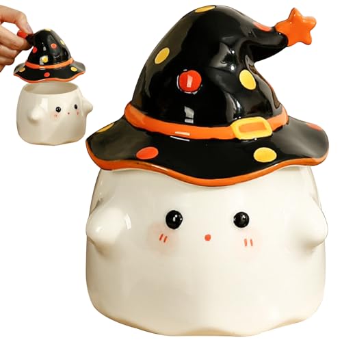 Halloween Ghost Mug Cute Ghost Coffee Mug with Witch Hat Lid and Handle Ceramic Ghost Cup Halloween Mugs for Home Office Decor Birthday Housewarming Gift, Black Halloween Coffee Mug Halloween Mugs Gh