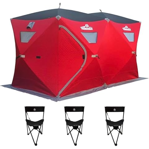 THUNDERBAY Ice Cube 6 Man Portable Ice Shelter, 68 Square Feet of Fishable Area, Portable 6 Person Ice Shanty with 3 Ice Fishing Chairs Cover