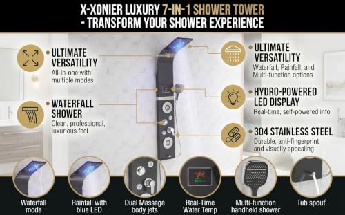 Image of X-XONIER Stainless Steel 304 Grade Shower Panel 7in1+ Extra Large 3Ways Hand Shower Tower System With LED Rainfall Waterfall 2Body Massage 4 Mist Spray Temperature Display Shower Panel.(Black)