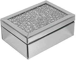 Silver Crushed Diamante Mirrored Glass Jewellery Box with Black Velvet Box Jewellery Storage Chest Diamante Box Jewelry Women Trinket Drawers Organiser Boxes Makeup