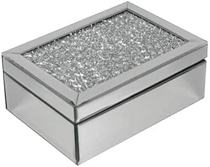 Silver Crushed Diamante Mirrored Glass Jewellery Box with Black Velvet Box Jewellery Storage Chest Diamante Box Jewelry Women Trinket Drawers Organiser Boxes Makeup