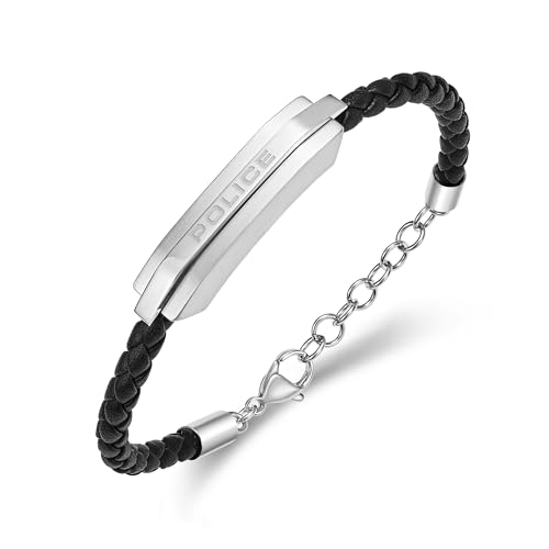 Police Herren-Armband Gripcord Edelstahl schlichtes Motiv schwarzes Leder Karabinerarmband, Einheitsgröße, Edelstahl, Kein Edelstein