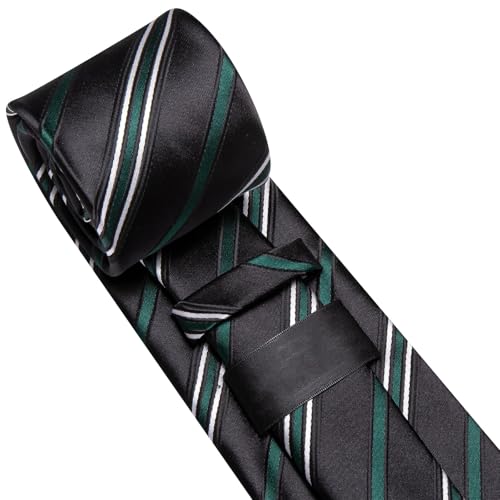 Image of Dubulle Mens Black Green Tie and Lapel Pin 4Pcs Set Formal Striped Dress Necktie with Pocket Square Cufflinks Wedding Party