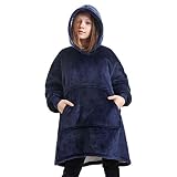AOSEE Kinder Decke Hoodie Sweatshirt, Übergroße Sweatshirt mit Fleece & Sherpa Giant Plüsch Pullover Decke Weiche Warme Riesen Pulli mit Kapuze Fronttasche für Mädchen und Jungen,110 * 80cm (Marine)