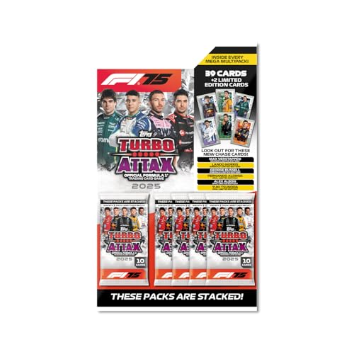Topps Turbo Attax Formule 1 2025 - Mega Multipack – contient 39 cartes Turbo Attax et 2 cartes Limited Edition aléatoires.