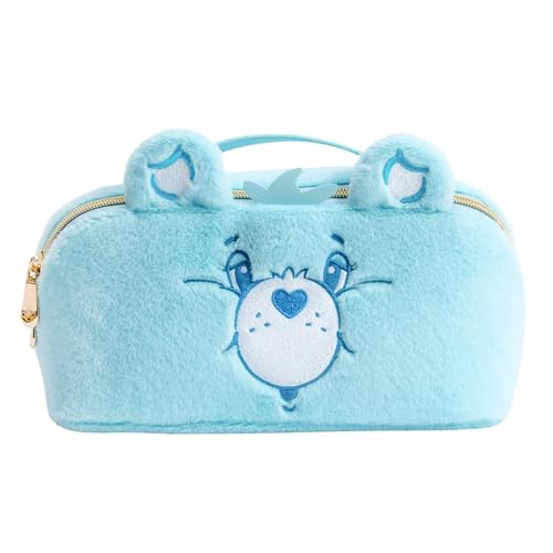 Impressions Vanity Care Bears Bedtime Unfold Travel Makeup Bag Organizer, Opens Flat Zippered Cosmetic Bag with Cozy Teddy Fur, Artwork Lined Interior, 3 Inner Pockets, Top Handle in Rainbow (Blue)