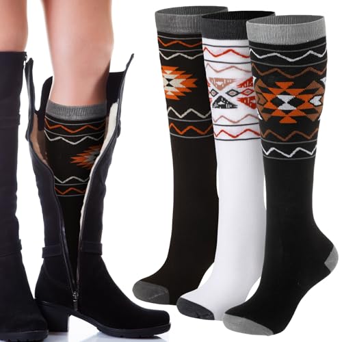 JenPen Cowgirl Boot Socks 3 Pairs, Aztec Knee High Wool