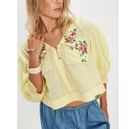 Women Y2k Button Up Embroidered Floral Blouse Crop Tops Cute Puff Smocked Sleeve Going Out Tshirts2