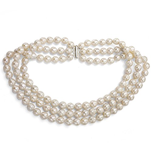 Sterling Silver 3-rows 10-12mm White Off-shape Freshwater Cultured Pearl Necklace,