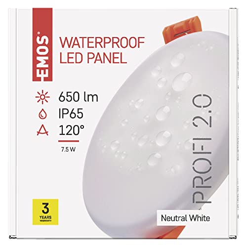 EMOS LED Panel Einbauleuchte 7,5W, extra-flacher 650 lm runder Einbaustrahler, Neutralweiß 4000K, IP65 wasserdicht für Feuchträume oder Außen, Farbe weiß, Durchmesser 10 cm, rahmenlos