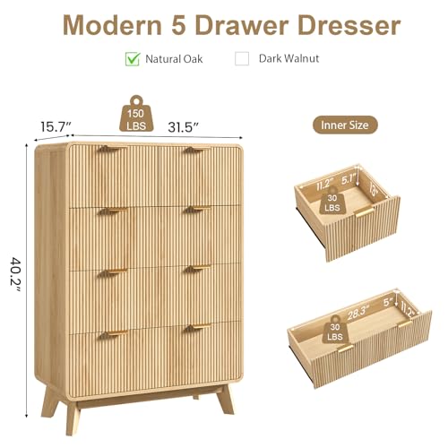 Image of QUW Fluted 5 Drawers Dresser for Bedroom, Modern 40.2 inch Tall Drawer Dressers with Metal Handle, Wooden Chest of Dresser for Living Room, Hallway, Solid Wood Legs, Curved Profile Design, Natural Oak