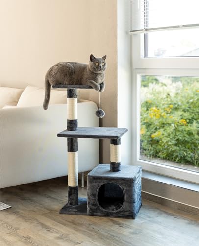 lionto Kratzbaum für Katzen mit Höhle und Plüschball inkl. Glöckchen, Höhe 85 cm, Katzenbaum mit Sisal & Plüsch, gemütliche Liegeflächen & Höhle, für kleine & große Katzen geeignet, dunkelgrau