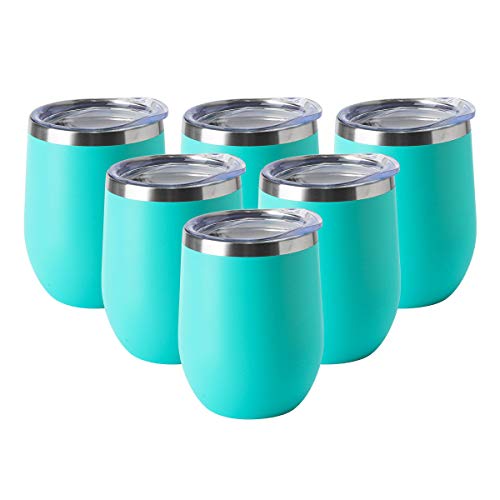 HASLE OUTFITTERS 12oz Wine Tumbler with Lid Stemless Wine Glasses Double Wall Vacuum Travel Mugs stainless steel Coffee Cup for Cold & Hot Drinks Wine Coffee Cocktails Beer 6 Pack Light Blue