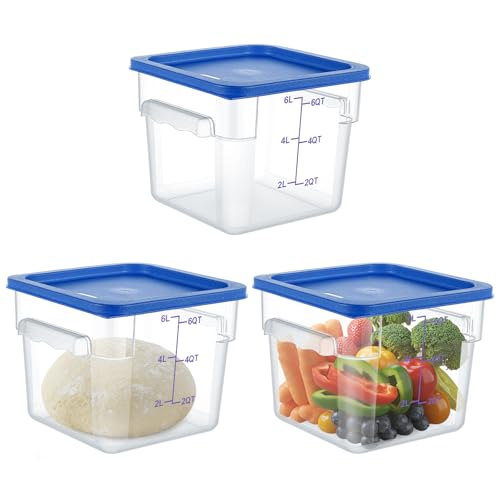 Image of Ziliny 3 Sets 6 Qt Square Food Storage Containers with Lids Dough Proofing Bucket Commercial Polycarbonate Containers with Scale Clear Airtight Cereal for Pantry Home Restaurant (Blue)
