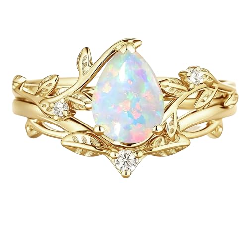 S925 Sterling Silver 1.5 Carat (ctw) White Opal Wedding Ring Sets for Women Leaf Halo Opal Bridal Set Pear Cut Engagement Ring Sets for Her Unique Jewelly Gifts,10 by ZLAEBL - Image 3