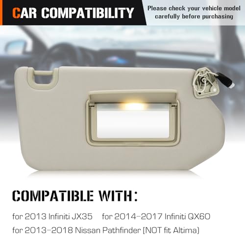 Sun Visor with Light for 2013-2018 Nissan Pathfinder, 2014-2017 Infiniti QX60, 2013 JX35, Right Passenger Side Beige Sunvisor Replacement 96400-9PB0A by Aeagle - Image 2