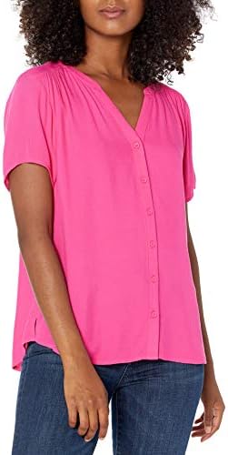 Amazon Essentials Women's Short-Sleeve Woven Blouse, Bright Pink, XX-Large
