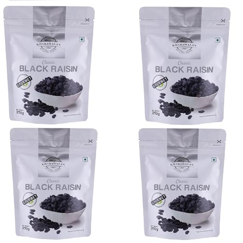 Image of KHARAWALA'S Afghani Classic Black Raisins with Seeds | Kali Kishmish (Pack of 4-250gm Each)