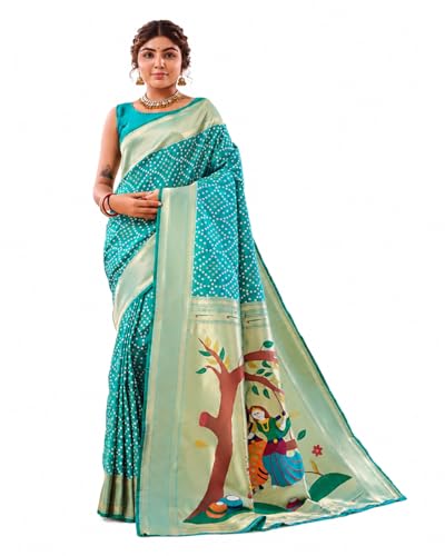 HIRNIL Traditional Pure Silk Bandhani Saree with Rich Paithani Pallu and Zari Border Saree with Unstitched Blouse piece (Teal Blue)