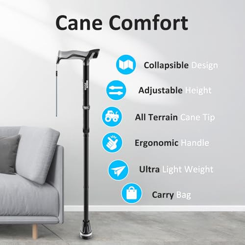 HEALTHBAZAAR Walking Cane for Men & Women, Foldable Cane with Shock Absorption - Adjustable, Lightweight Collapsible Walking Stick for Seniors & Adults, Comfort Grip Handle, Heavy Duty All Terrain Tip