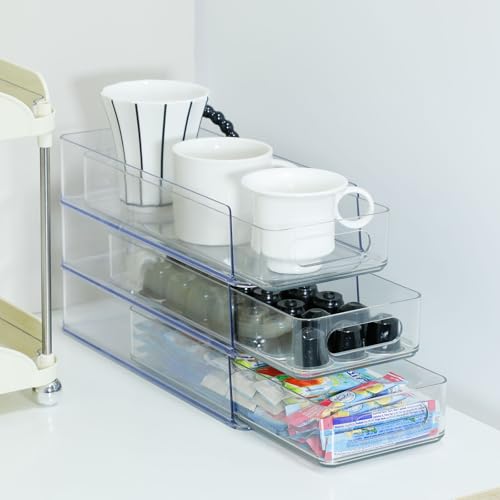 Image of 3 Tier Desk Drawer for Corner, Plastic Storage Organizer for Coffee Station, Under Sink, Bathroom Countertop and Kitchen Cabinet, Clear Stackable Pull Out Container, Short