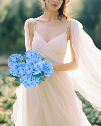 6PCS Premium Blue Silk Hydrangea Artificial Flowers Bouquets - Realistic Fake Hydrangea with Stems, Faux Flower Arrangement for Home Wedding Party Baby Shower Table Centerpieces Decoration - Image 5
