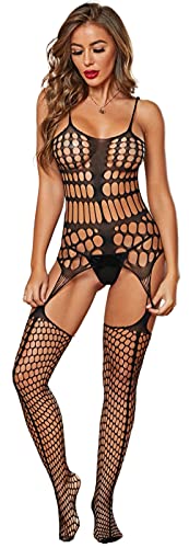 EROSPA® Netz-Straps-Bodystocking - Spaghetti-Träger - Damen - Catsuit Ouvert S-L Onesize - Schwarz