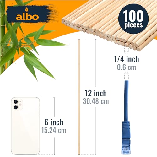 Bamboo Wooden Dowel Rods 100 PCS 1/4\" x 12\" Inch Round Wood Sticks for Crafts, DIY Projects and Macrame Hardwood Assorted Bouquet Sticks Cake Dowels for Tiered Cakes
