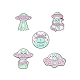 Enamel Cartoon Brooch Pins Set Creative UFO Spaceship Alien Brooch Cute Mushroom Cat Frog Hedgehog Animal Brooch Lapel Backpack Badge Hat Clothes Bag Decoration Accessories Gifts for Women Girls (Style2:5Pcs UFO Spacecraft)