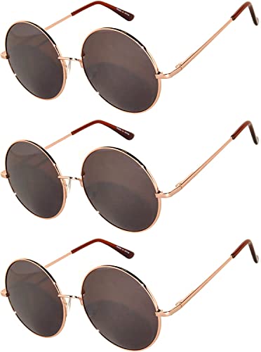 3 Pairs Round Retro Vintage Brown Mirror Lens Sunglasses Gold Metal Frame OWL