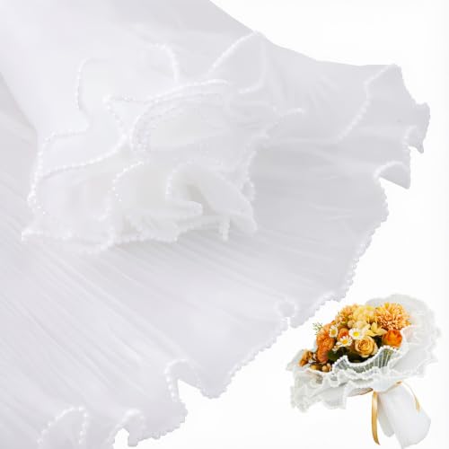 BEISHIDA Flower Wrapping Mesh Paper Pearl Edge Wrinkled Bouquet Packaging Paper for Florist Supplies Mothers Day Valentines Wedding Gift Packaging White4 Yards
