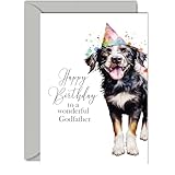Birthday Cards for Godfather - Party Hat Dog - Happy Birthday Card for Godfather from Godson Goddaughter, A5 Bday Gifts Greeting Cards for Men Him