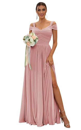 Image of SOLODISH Off The Shoulder Bridesmaid Dresses Long Chiffon Formal Evening Dresses for Women