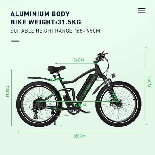 HITWAY Vélo électrique 26" 4,0 Fat Tire, VTT Électrique E-Bike avec Batterie au Lithium Amovible 48V 15Ah, 250W, 7 Vitesses,jusqu'à 70-150km, APP, NFC – Image 8