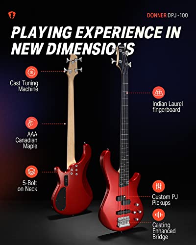 Donner Electric Bass Guitar 4 Strings Full-Size Standard Bass PJ-Style Electric Bass for Adults with Free Online Lesson,Gig Bag Guitar Strap and Guitar Cable Included, DPJ-100, Red