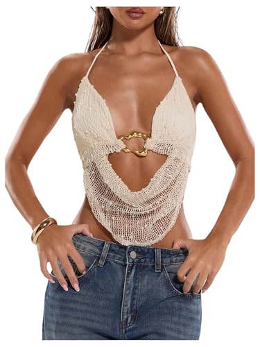 MakeMeChic Women's Y2k Crochet Halter Top Open Back Metal Ring