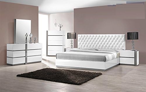 California Tradeworks Modern Seville 4 Piece Bedroom Set Queen Size Bed Mirror Dresser Nightstand White Lacquer Headboard with Leather Like & Like Crystals Exterior Bedroom Furniture