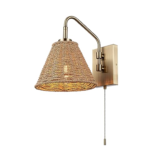 Globe Electric x Novogratz 65000052 1-Light Wall Sconce, Matte Brass Finish, Rattan Shade, On/Off Pull Chain Switch, Home and Office Decor, Modern Lighting for Living Room, Bohemian by Globe Electric - Image 4