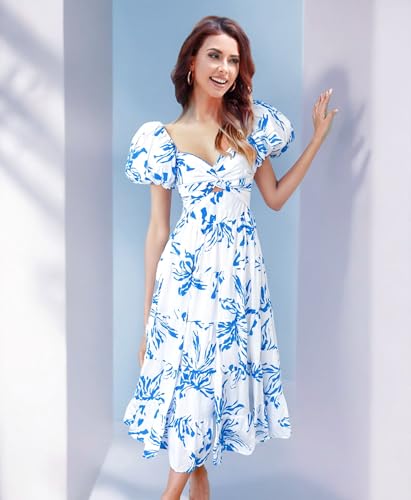 Image of GOLDSTITCH Women's 2026 Boho Floral Maxi Dress Puffy Short Sleeve Cutout V Neck Casual Long Beach Dress