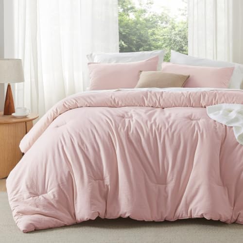 Image of Bedsure Comforter Set Full Size - Cotton Fabric with Microfiber Inner Fill, Light Pink PureWoven Soft Bed Set for All Seasons, 3 Pieces, 1 Comforter (82 inch x 86 inch) and 2 Pillow Cases (20 inch x 26 inch)