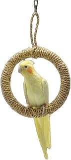 Bird Rope Swing Toy Parrot Climbing Perch Stand Natural Straw Rope Weaving Round Toy for Cockatiel Conure Cockatoo Parakeet Cage Hanging Decor