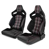 IKON MOTORSPORTS, PU + Carbon Leather + Suede Universal Racing Seats, with Dual Sliders, Reclinable Black with Red Plaid Sport Bucket Seat, 1 Pair Driver Passenger Side (No Bracket)