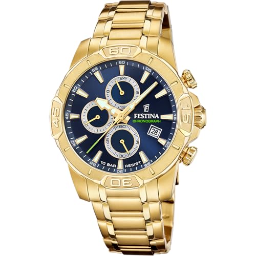 Festina Montre Homme Analogique en Acier Inoxydable 316L Doré - Mouvement Quartz - Chronographe -...