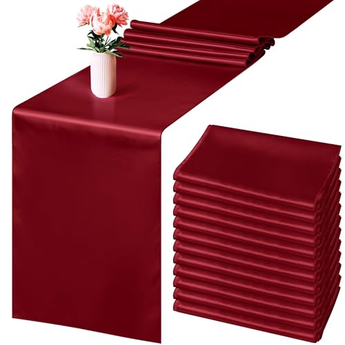 Aneco 16 Pack Satin Table Runner 12 x 108 Inch Burgundy Long Wedding Satin Silk Table Runner for Wedding Banquet Graduations Birthday Party Decoration