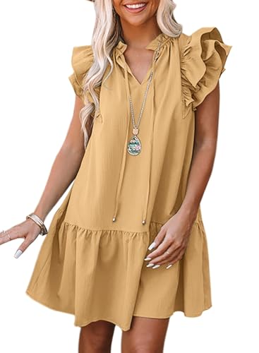 Womens V-neck Drawstring Ruffle Sundress