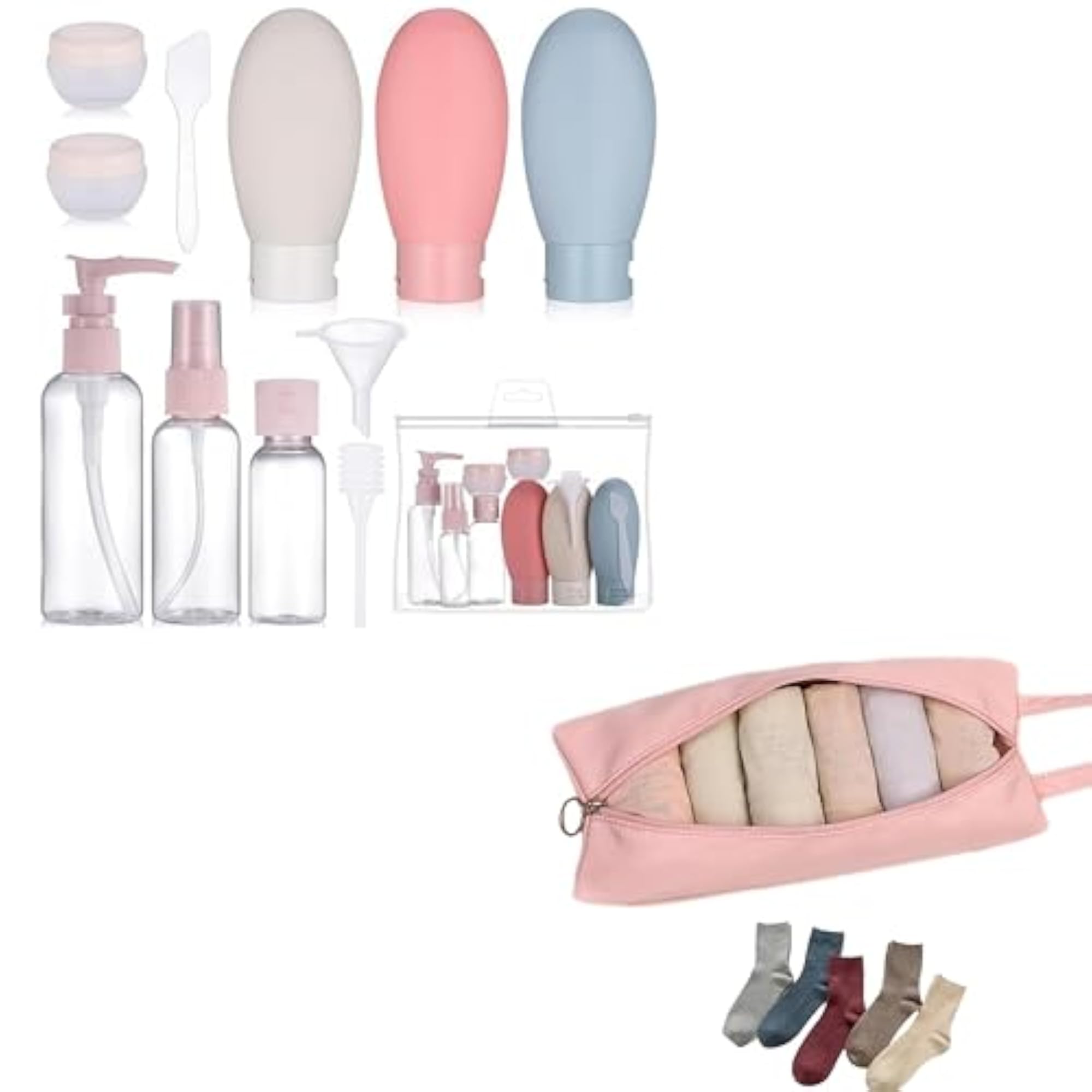 Travel Toiletry Kit with Silicone Bottles, Cosmetic Jars, Spray Pump, Funnel