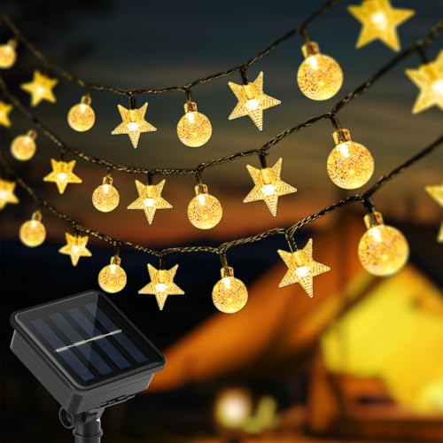 vsshe Guirnaldas Luces Exterior Solares, 7M 50 Calido Estrella y Esfera LED Guirnaldas Luces Solar, 8 Modos Función Memoria, IP65 Impermeable para Decorar Jardines, Terrazas, Fiestas, Navidad（7M）