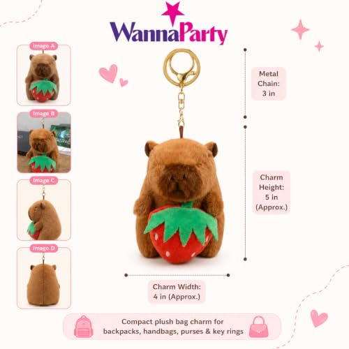 Image of Wanna Party Cute Capybara Plush Keychain with Strawberry, Soft Stuffed Toy Bag Charm with Metal Key Ring